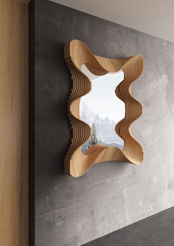 Miroir Paramétrique Sculpté. Cadre Organique en Bois